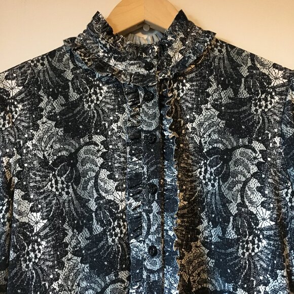 Dark Victorian Gothic Mockneck Frilly Button Down Blouse - Picture 3 of 16